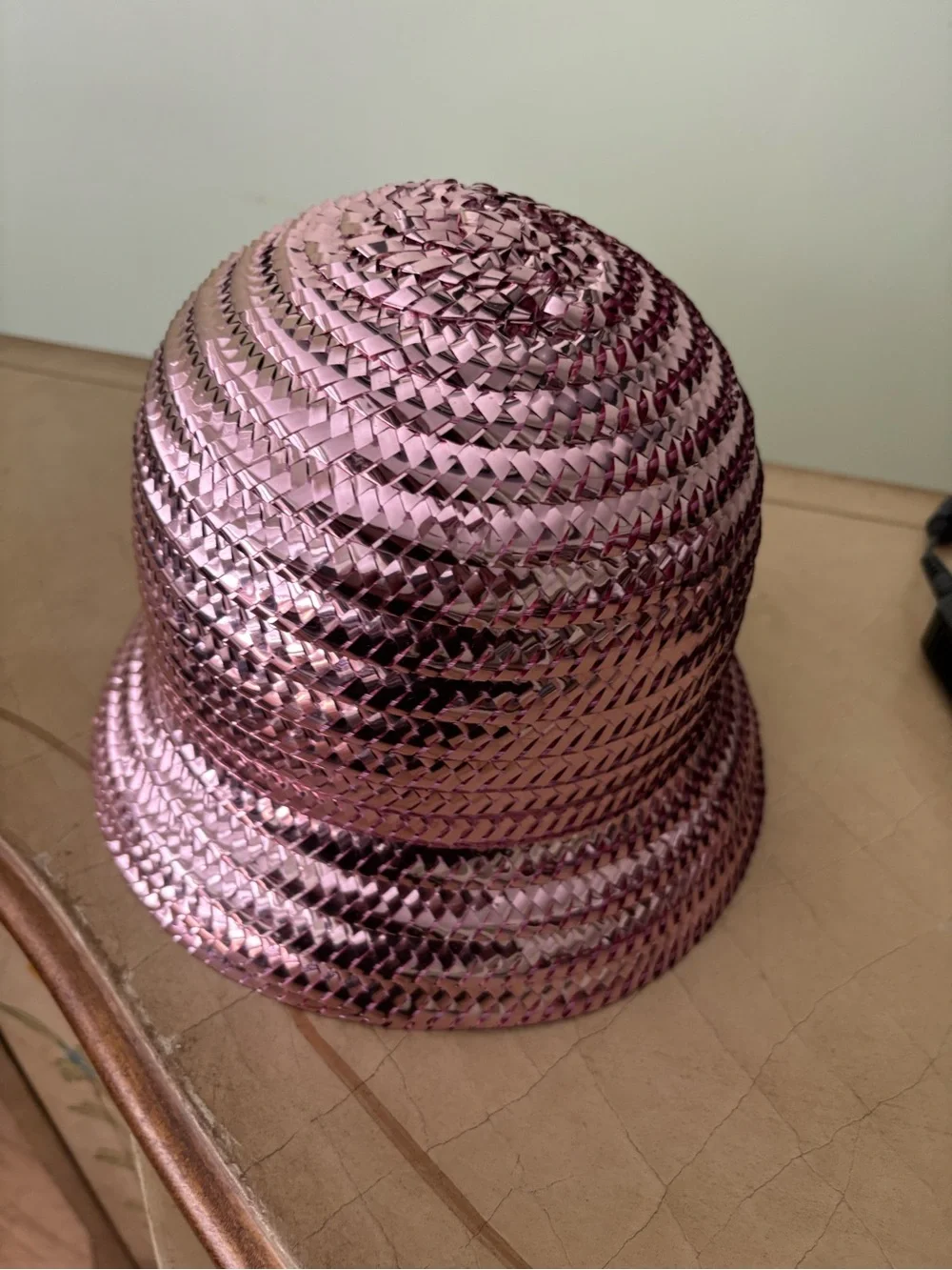 Anthropologie Metallic Rose Pink Braided Bucket Hat